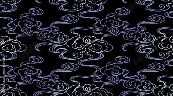 Obraz 黒地浮世絵風和風伝統紋イメージ雲模様水波模様テクスチャ	背景素材
