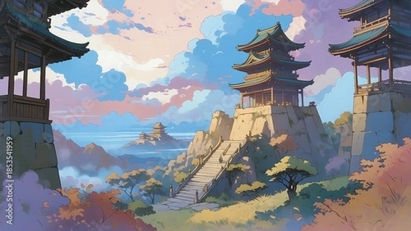 Obraz ゲーム背景　夜明けの中国古代遺跡風のお城が雲とある高台風景