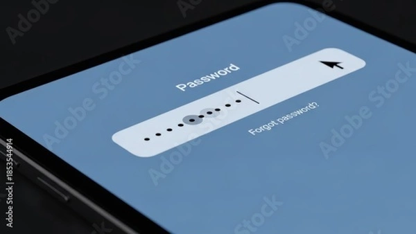 Obraz Digital screen showing password input field with black dots, blue background, and cursor interaction. Cybersecurity, login interfaces, tech tutorials, and authentication concepts.