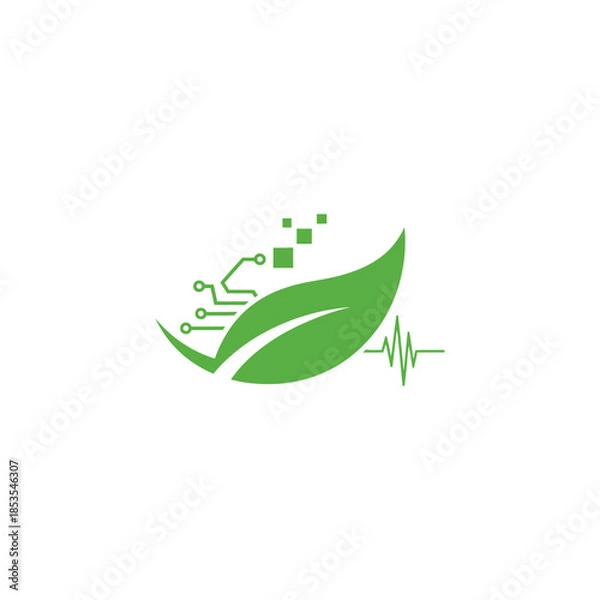 Obraz A green leaf combined with electronic circuit elements representing bio technology