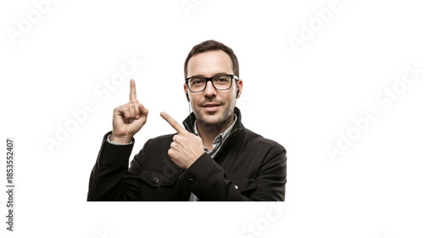 Obraz Young man points up and sideways