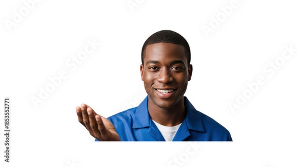 Obraz Man smiling with open palm invitation