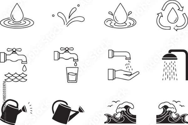 Fototapeta Water Conservation And Usage Icons Set With Drops Faucets And Waves droplet splash