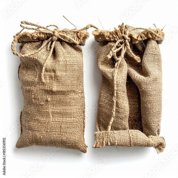 Obraz Two burlap sacks, tied,  open on a white background