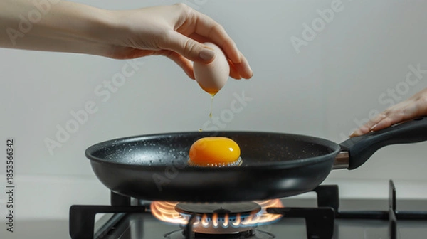 Obraz Woman hand holding black pan, egg dropping on pan,