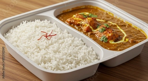 Obraz Delicious Indian Curry with Rice in Takeaway Container