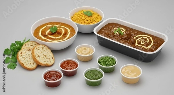 Obraz Delicious Indian Food Spread with Assorted Dips and Bread