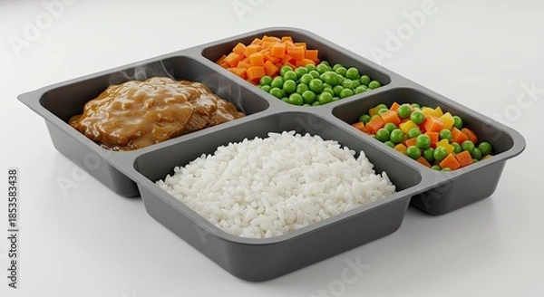 Obraz Delicious Meat, Rice, and Vegetable TV Dinner Tray