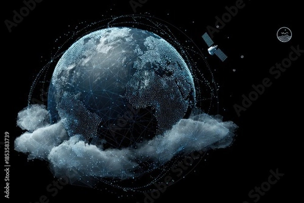 Obraz Digital globe with network overlay rests on clouds, satellite orbits