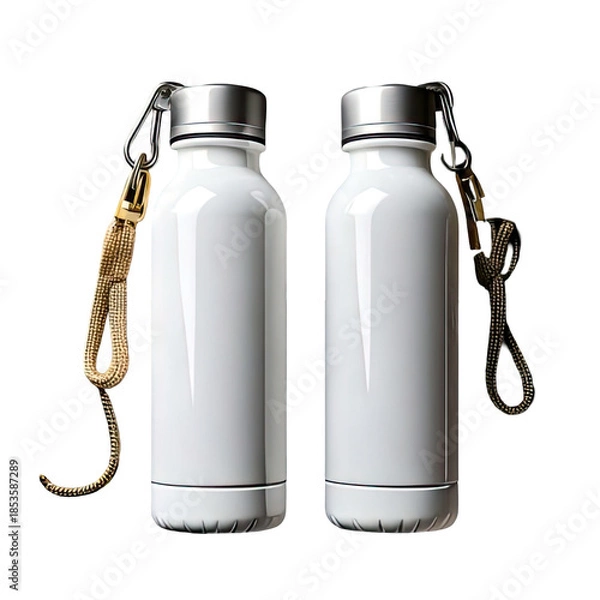 Obraz Two sleek, white insulated water bottles