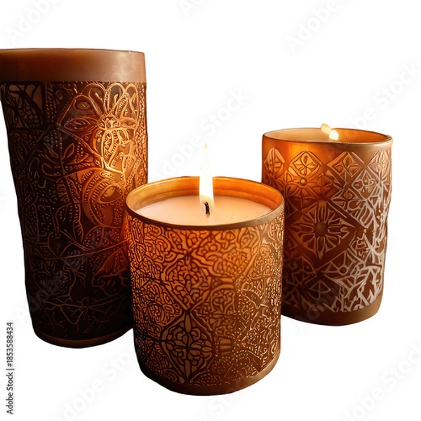 Obraz Three lit candles in embossed, patterned holders