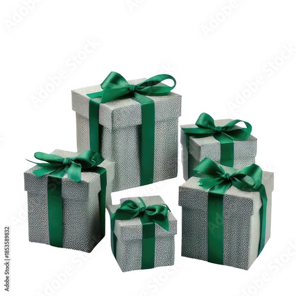 Obraz Five wrapped presents, gray boxes, emerald ribbons