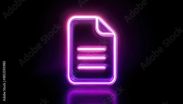 Obraz A glowing neon document icon illuminates a dark, reflective surface