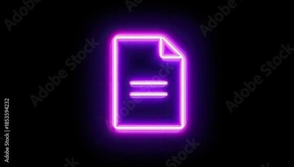 Obraz Neon document icon with two horizontal lines on a black background