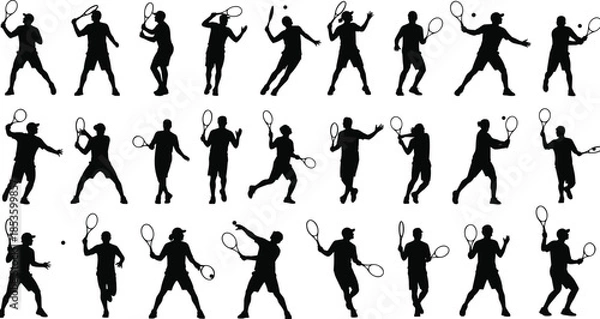Obraz Dynamic Tennis Player Silhouettes Set of 27 Vector Illustrations, Male Athletes Serving, Hitting, and Volleying Action Poses for Sports Design Background.