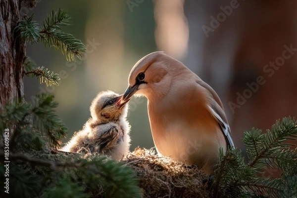 Obraz Parent Bird Feeding a Newborn Chick in Tree Nest, Stock Image