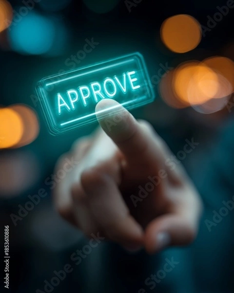 Obraz Human finger pressing a glowing approve button on a digital interface, symbolizing confirmation and decision approval.