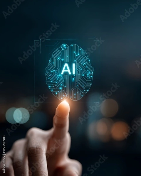 Obraz Human finger touching a glowing AI brain icon on a digital interface, symbolizing artificial intelligence and cognitive computing.