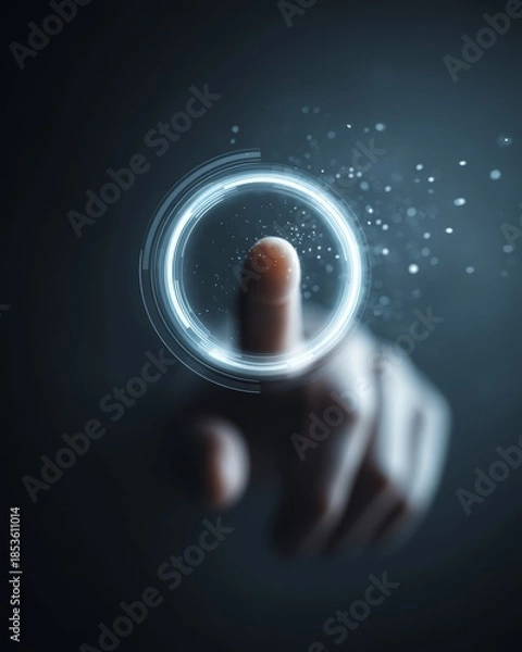 Obraz Human finger interacting with a glowing circular progress ring on a digital interface, symbolizing task completion and performance tracking.