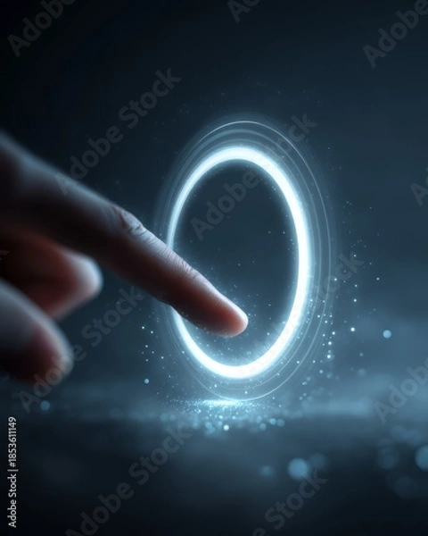 Obraz Human finger interacting with a glowing circular progress ring on a digital interface, symbolizing task completion and performance tracking.