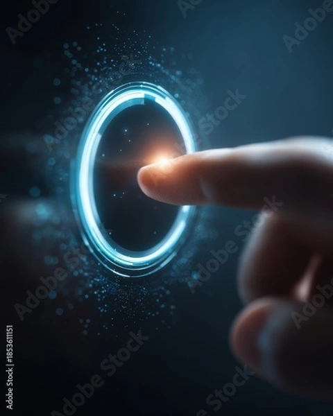 Obraz Human finger interacting with a glowing circular progress ring on a digital interface, symbolizing task completion and performance tracking.