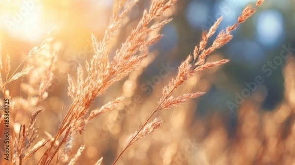 Obraz Sunlight shining through golden grass in a field during evening hours