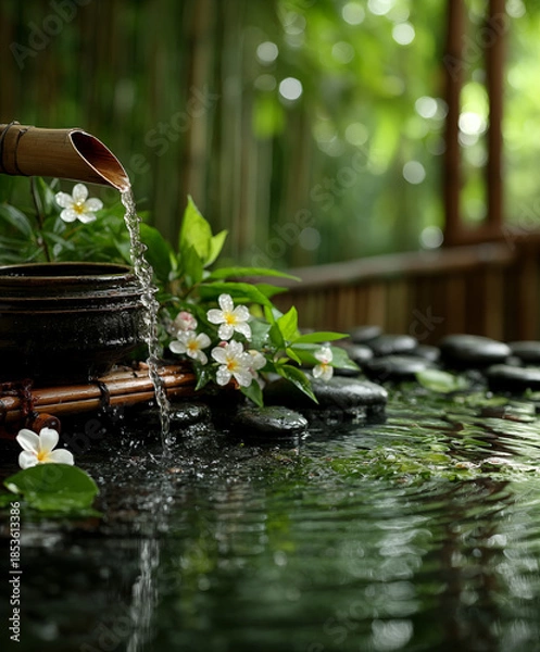 Obraz Zen spa scene with a bamboo water spout pouring clear water into a calm pond, smooth black stones, white flowers blooming beside green bamboo leaves, fresh green bokeh background