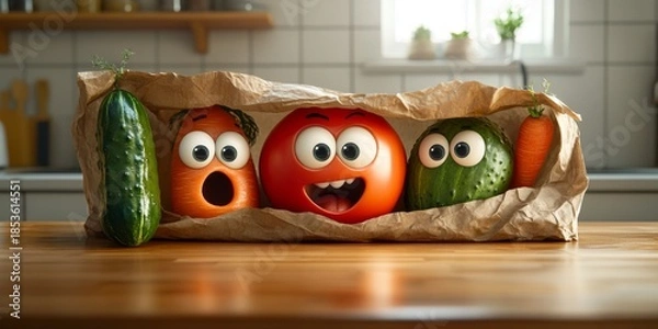 Obraz Funny vegetables hiding in grocery bag on kitchen table