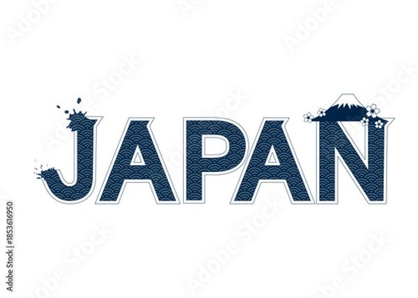 Obraz JAPAN 青海波模様の日本語の文字と富士山と桜のイラスト