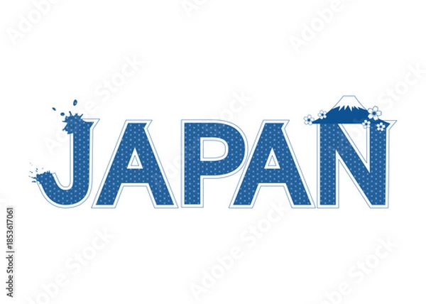 Obraz JAPAN 麻ノ葉文様の日本語の文字と富士山と桜のイラスト