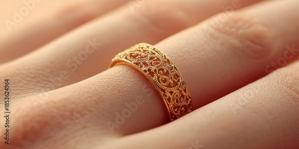 Obraz Intricate gold ring on finger