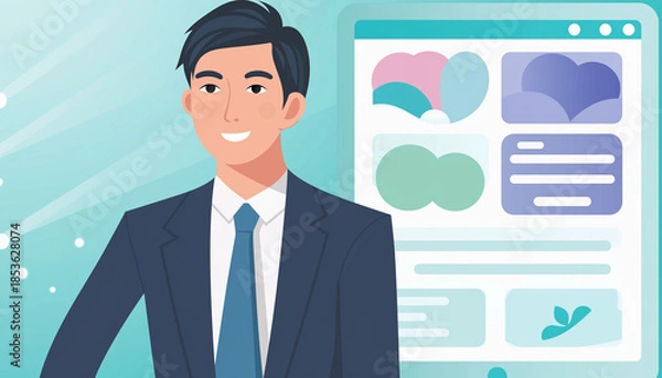 Fototapeta ホームページを見てひらめく男性 