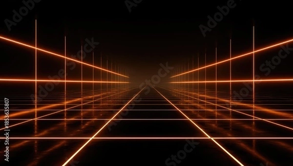 Obraz Neon grid perspective extending into dark, smoky infinity