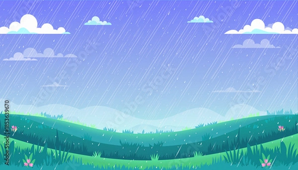 Fototapeta 雨が降る草原 広い草原にたくさんの雨が降り注いでいる　