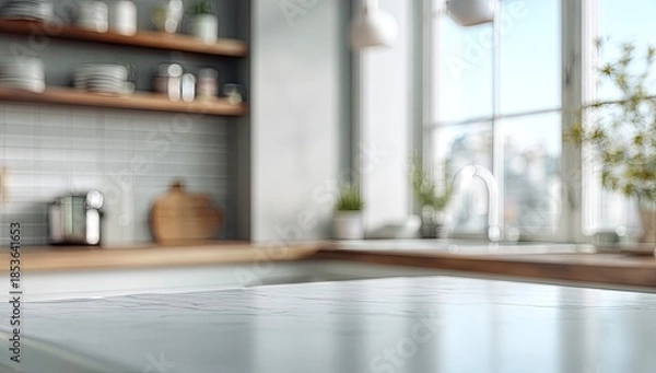 Obraz Bright kitchen with marble countertop and window