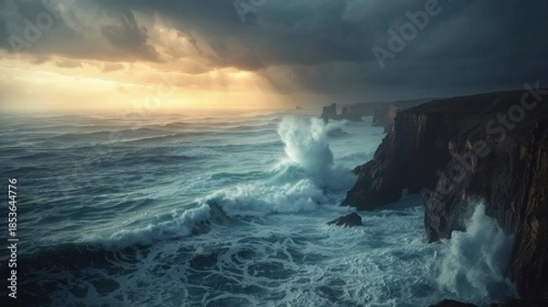 Fototapeta Sunset waves crashing on cliffs