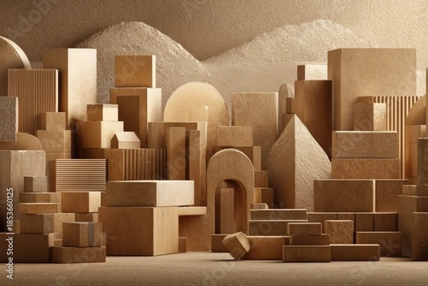 Fototapeta Abstract geometric forms create a textured, neutral architectural landscape