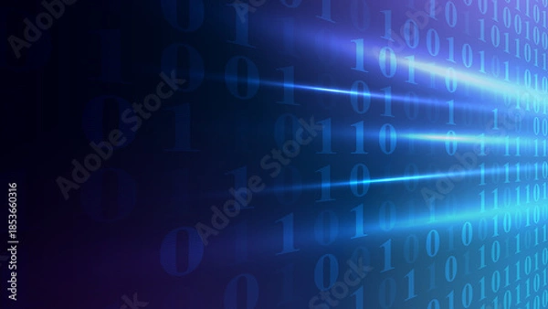 Obraz A vibrant digital background featuring binary code and light beams, symbolizing data and technological advancement.