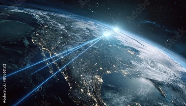 Obraz Glowing lines connect continents from space, highlighting global connectivity and data flow