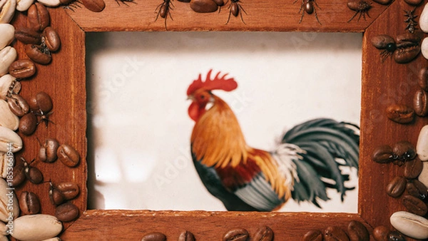 Obraz Rustic Coffeehouse Background with Rooster Bird and Insect Border