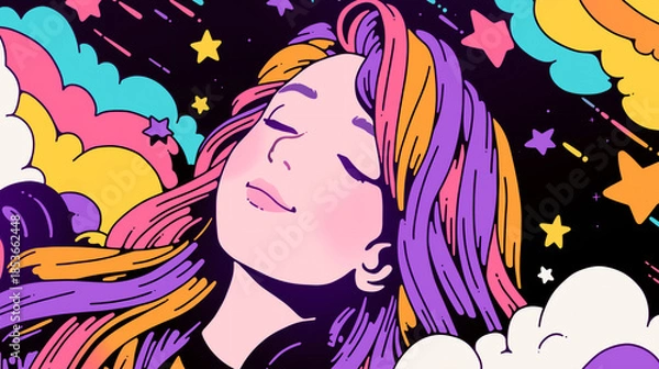 Obraz ポップアート風の夢を見る女の子のイラスト