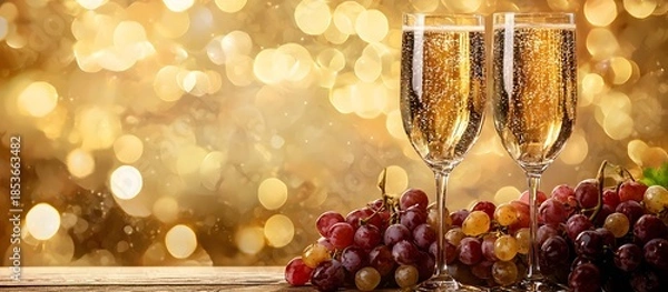 Fototapeta Champagne glasses with grapes and a festive background