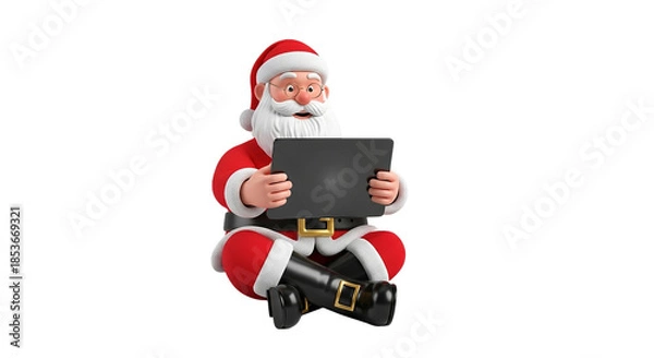 Obraz 3D Santa Claus Sitting and Using a Digital Tablet Computer Isolated on White Background for Christmas Tech Concept Art