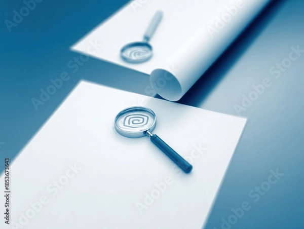 Fototapeta Forensic lab investigation magnifying glass spiral evidence document paper white investigation tool crime scene analysis magnifier