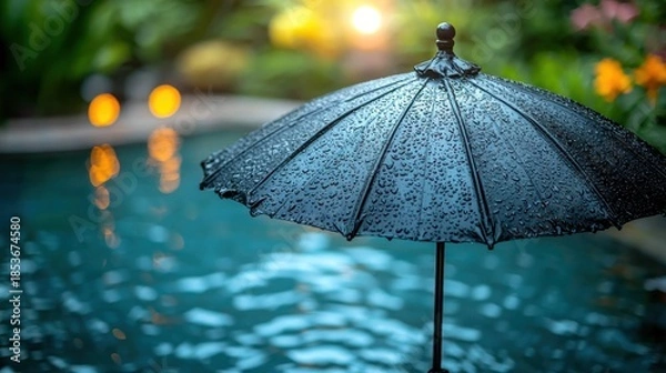 Obraz Umbrella by a pool, drops on it. Water reflection