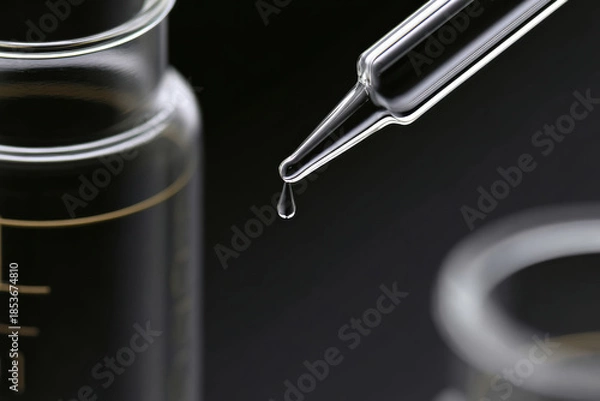 Obraz Forensic lab investigation glass dropper dispensing clear liquid precise closeup clinical equipment sterile vial pipette science