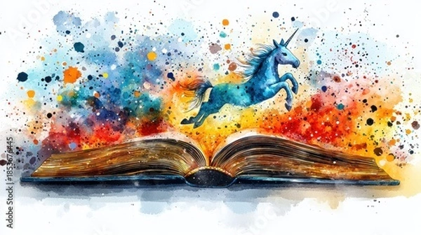 Obraz Unicorn leaps from an opened, colorful book