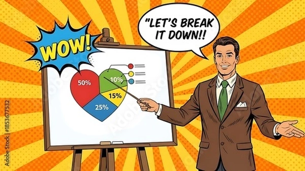 Fototapeta Businessman presenting pie chart on whiteboard with wow and let's break it down speech bubbles presentation