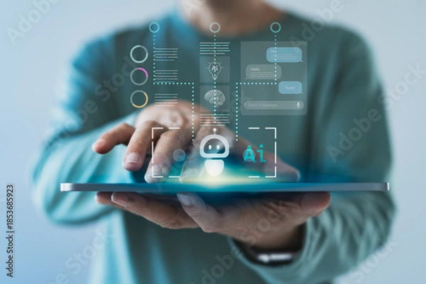 Fototapeta Person interacting with artificial intelligence assistant interface