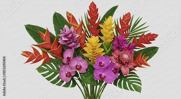 Fototapeta 白い背景に鮮やかな熱帯の花々が美しく咲くエキゾチックなブーケ柔らかな光が色彩を際立たせる. AI Generated
